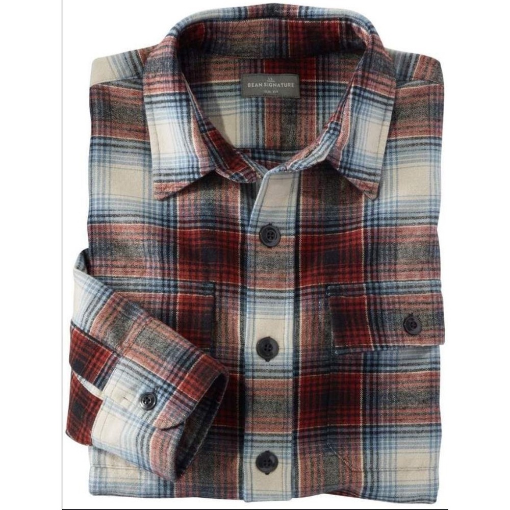 LL Bean Signature Flannel Shirt Mens M Red Blue Plaid Button Down Slim Fit